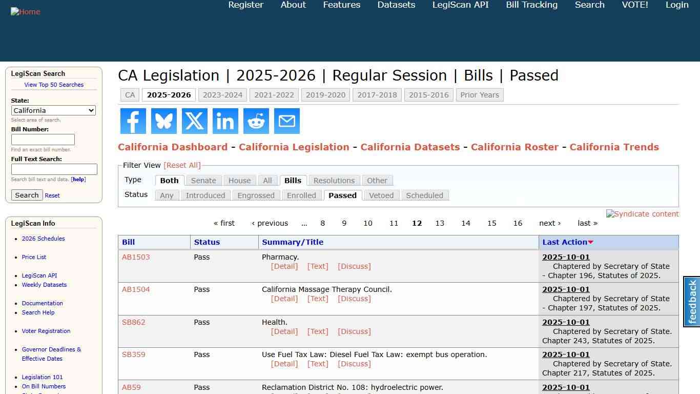 CA Legislation | 2025-2026 | Regular Session | Bills | Passed | LegiScan